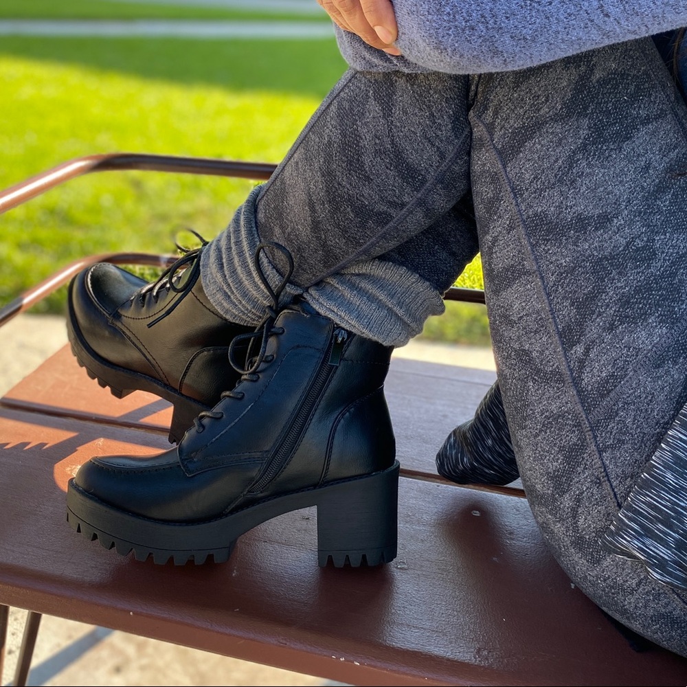 Black Faux Leather Lug Sole Lace Up Combat Boots - Picture 2 of 8